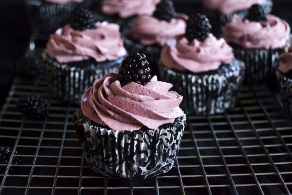 Chocolate Walnut Cupcakes With Blackberry Buttercream